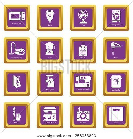 Domestic Appliances Icons Set Purple Square Isolated On White Background