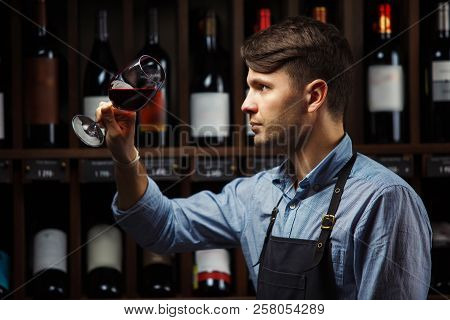 Bokal Of Red Wine On Background, Male Sommelier Appreciating Drink