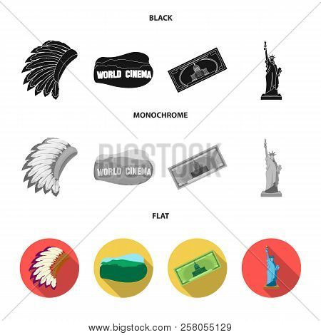 Mohavk, World Cinema, Dollar, A Statue Of Liberty.usa Country Set Collection Icons In Black, Flat, M