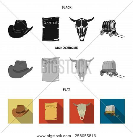 Cowboy Hat, Is Searched, Cart, Bull's Skull. Wild West Set Collection Icons In Black, Flat, Monochro