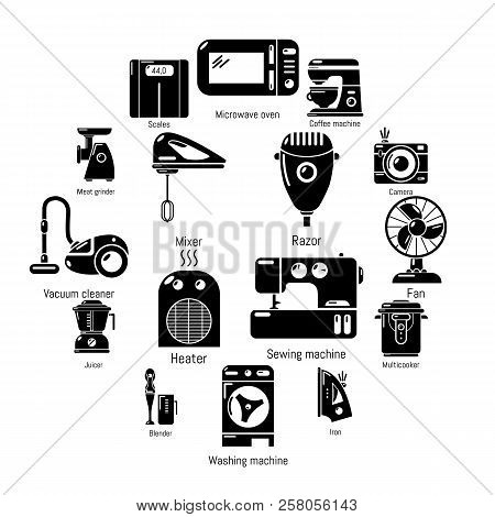 Domestic Appliances Icons Set. Simple Illustration Of 16 Domestic Appliances Icons For Web
