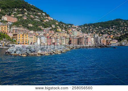 Camogli Marina Harbor, Boats And Typical Colorful Houses. Travel Destination Ligury, Italy, Europe.