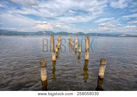 Wood Pier In Torre Del Lago Puccini, Pisa, Tuscany, Italy