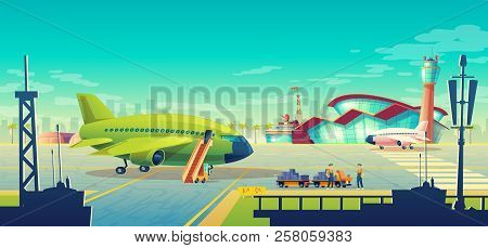 Vector Cartoon Airport Landscape, Green Airliner, Jet On Runway. Loading Of Luggage On Commercial Ai