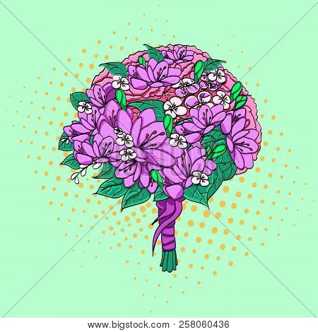 Pop Art, Raster. Wedding Bouquet Of The Bride. Flowers Lisianthus, Eustom Or Prairie Gentian. Matric