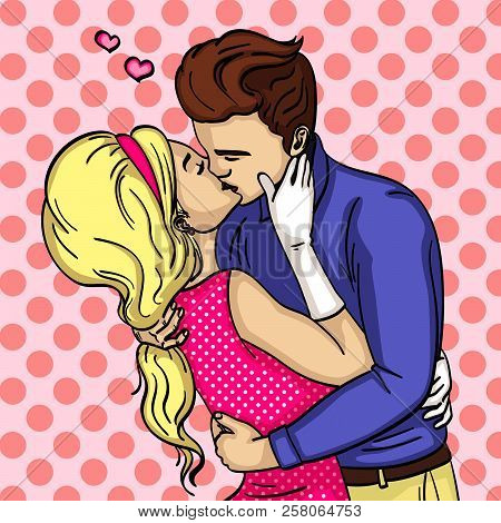 Feeling Of Love. The Guy With The Girl Passionately Kisses. Raster Of Pop Art. Comic Style