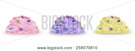 Whipped Cream Set Ice Cream, Yogurt, Cupcake, Cake With Colourful Realistic Pearls Dragees. Detailed
