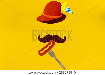 Germany Face Silhouette With Bavarian Brown Hat, Mustache Eating Sousage With Mustard On Fork. Ads E