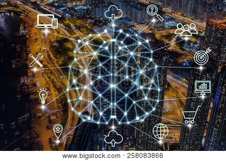 Polygonal Brain Shape Of An Artificial Intelligence With Various Icon Of Smart City Internet Of Thin