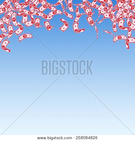 British Pound Notes Falling. Small Gbp Bills On Blue Sky Background. United Kingdom Money. Attractiv