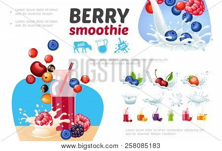 Cartoon Healthy Berry Smoothies Composition With Milk Splashes Blueberry Raspberry Currants Blackber