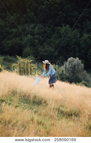 Girl In A Hat Playing With A Dog In The Field At Sunset Sun