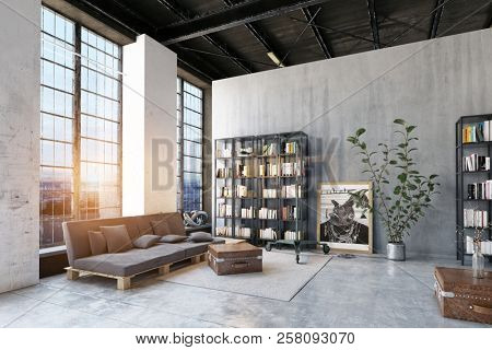 modern loft lving room. 3d rendering design concept