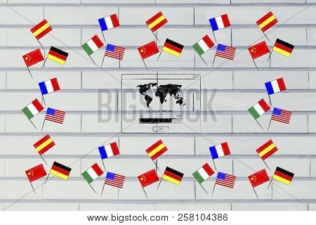 Studying Foreign Languages Conceptual Illustration: Mixed Country Flags Border With Go Study Abroad 