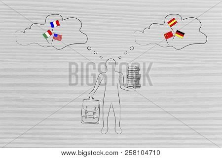Studying Foreign Languages Conceptual Illustration: Student With Country Flags In Thouhgts Bubbles