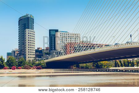 Valencia, Spain - June 17, 2017: Architectural Detail Of The Iberdrola Tower In The City Center On A