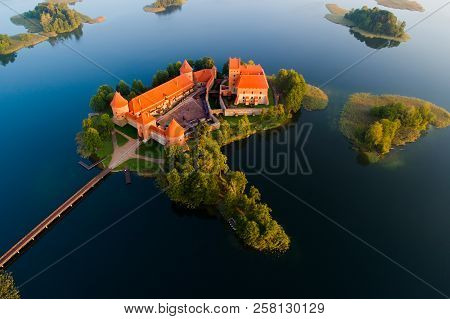 Trakai Castle, Lithuania. Trakai Castle View From Above. Beautiful Historic Castle On Island In The 