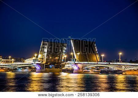 Divorce Of Bridges In St. Petersburg. Night City Of Russia. The Neva River