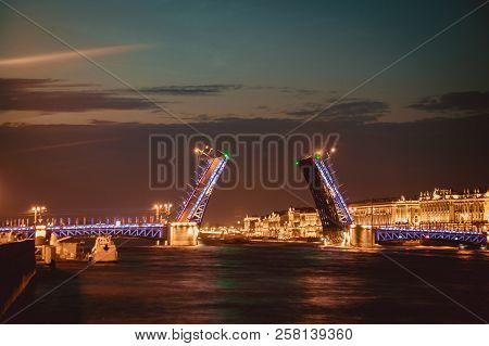 Divorce Of Bridges In St. Petersburg. Night City Of Russia. The Neva River