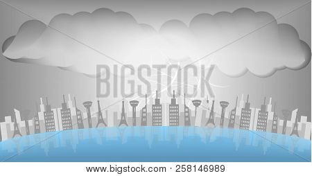 Thunder Storm,thunder Storms Over The City At Night, Caused By Storms With Black Clouds.vector Art A