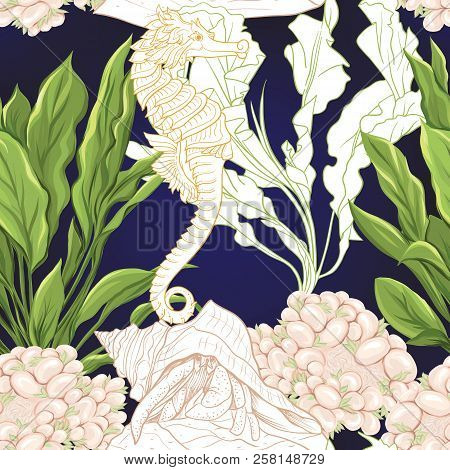 Sea World Seamless Pattern, Background. Stock Vector Illustration.