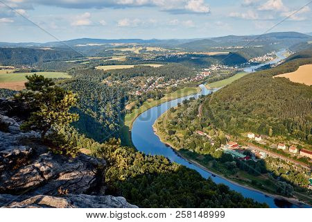 Aerial View Of Beautiful Elbe River, Forest And Rocks In Bad Schandau, Germany