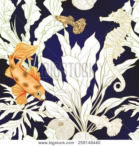 Sea World Seamless Pattern, Background. Stock Vector Illustration.