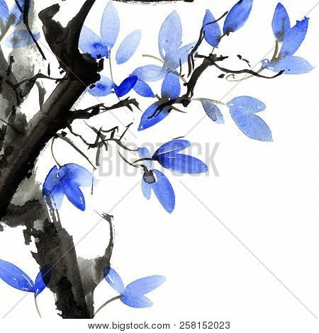 Watercolor And Ink Illustration Of Tree With Leaves, Background With Grunge Watersplash Texture, Ori
