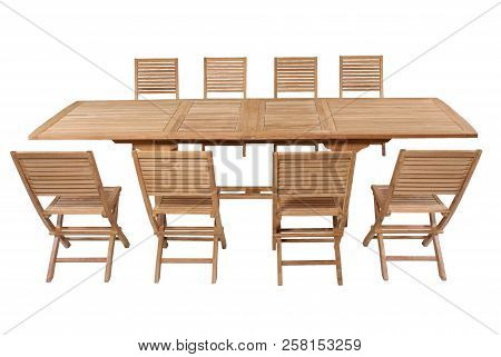Teak Table Garden Furniture Colection, Teak Garden Furniture Isolated In White Background