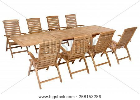 Teak Garden Furniture Isolated In White Background, Chairs And Table Furniture