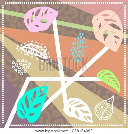 Silk Scarf With Palm Leaves, Leopard Texture And Heometric Shapes. Oriental Textile Collection.