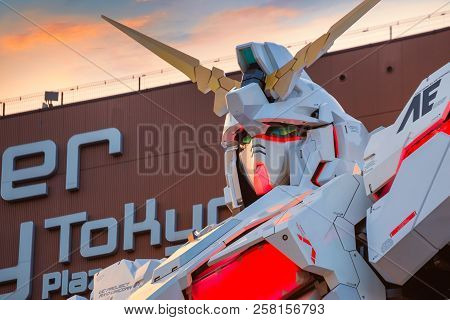 Tokyo, Japan - April 20 2018: Full-size Mobile Suit  Rx-0 Unicorn Gundam Replica From The Mobile Sui