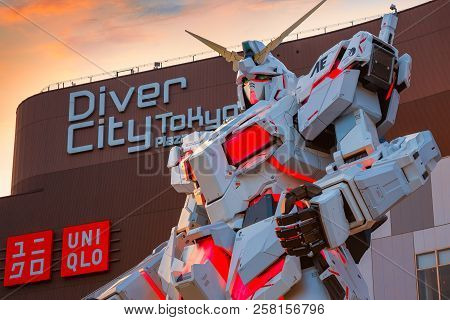 Tokyo, Japan - April 20 2018: Full-size Mobile Suit  Rx-0 Unicorn Gundam Replica From The Mobile Sui