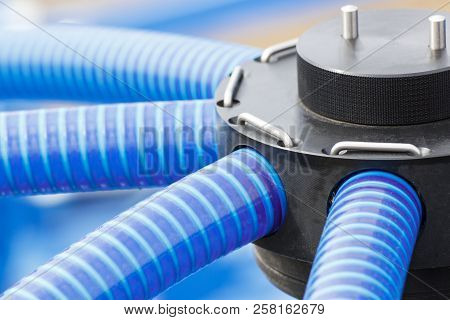 Plastic Corrugated Blue Pipes In Agricultural Machine, Detail And Part Of Industrial Hydraulic Or Pn