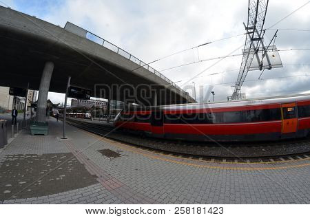 Platform and train view on Oslo central station. Oslo Central Station (Sentralstasjon) is main railway station in Oslo. June 17. 2018. Oslo,Norway