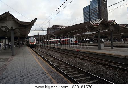Platform and train view on Oslo central station. Oslo Central Station (Sentralstasjon) is main railway station in Oslo. June 17. 2018. Oslo,Norway