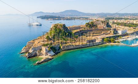 Hellenic Temple And Old Castle At Corfu, Ionian Islands, Greece