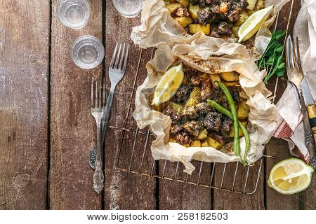 Traditional Greek Kleftiko, An Oven-baked Lamb Stew With Potato, Olive Oil, Onion, Carrot, Garlic An