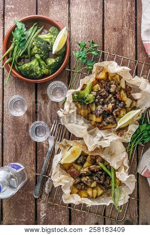 Traditional Greek Kleftiko, An Oven-baked Lamb Stew With Potato, Olive Oil, Onion, Carrot, Garlic An