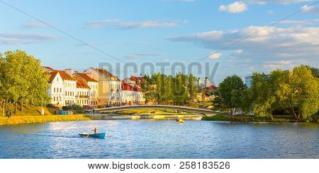View Of The City Of Minsk At Sunset. Nemiga District. Belarus