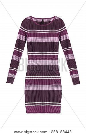 Striped Maroon Knitted Bodycon Mini Dress On White Background