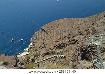 Fira Cableway Wagons Going Down To The Port On The Beautiful Island Of Santorini. Architecture, Land