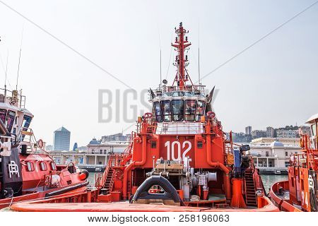 Genoa (genova), Italy April 12, 2017 - Tugboat Moored In The Port Of Genoa, Italy