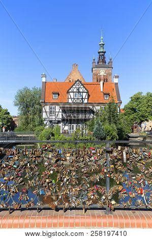 Gdansk, Poland - June 6, 2018: Bridge Of Love With Love Padlocks Over Radunia Channel