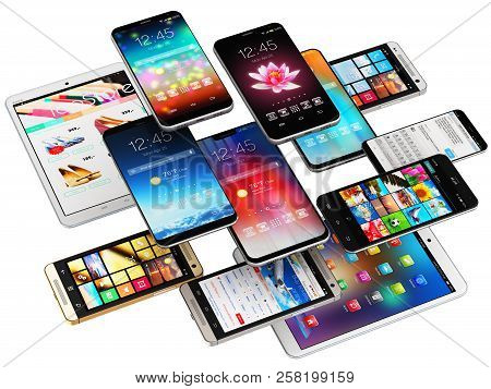 3d Render Of The Group Of Tablet Computer Pc And Modern Touchscreen Smartphones Or Mobile Phone Elec