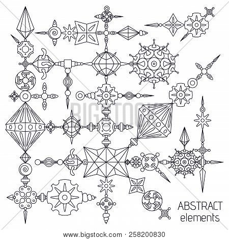 Vector Abstract Elements Set Made With Different Geometric Shapes Constructor. Dark Violet Stroke On