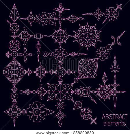 Vector Abstract Elements Set Made With Different Geometric Shapes Constructor. Magenta Stroke On Dar