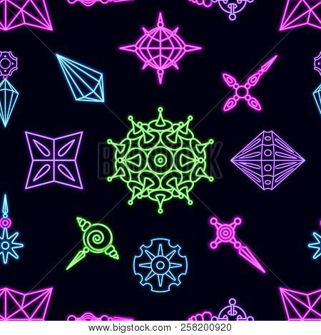 Vector Abstract Elements Seamless Pattern Made With Different Geometric Shapes Constructor. Neon Glo