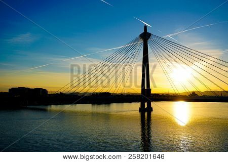 Wonderful Sunset With Donaustadt Bridge In Vienna, Austria.