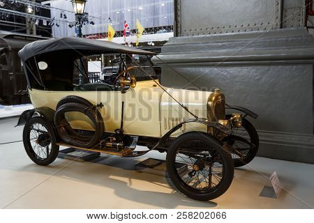 Brussels, Belgium - August 25, 2015 - Autoworld Museum, Old Cars Collection Showing The History Of A